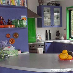 White, blue, and green kitchen