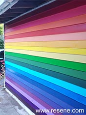 A rainbow coloured garage door