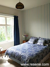 Guest bedroom blue and cream stripes