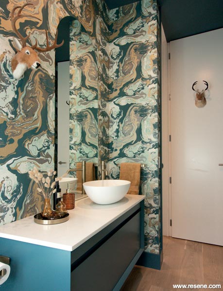 A dramatic bathroom using Resene Tangaroa
