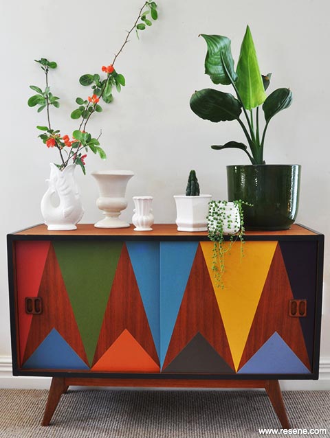 Paint a geometric pattern on a retro sideboard