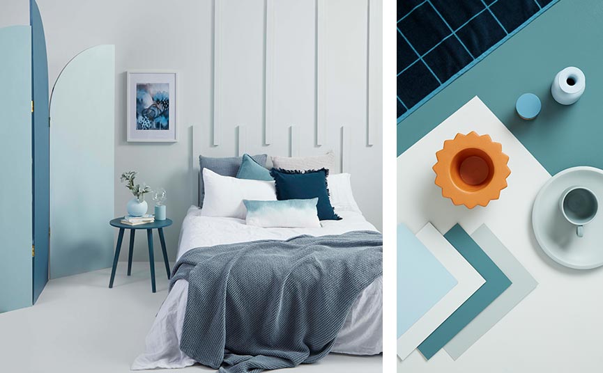 Blue on blue bedroom and moodboard with a hint of orange