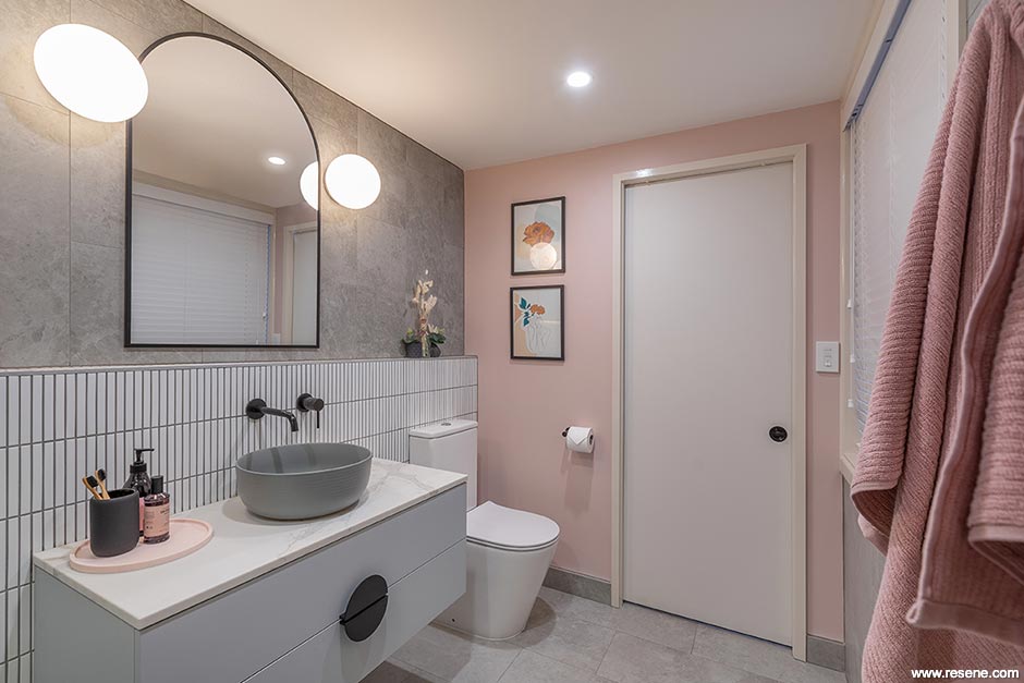 A pink bathroom in Resene Wafer