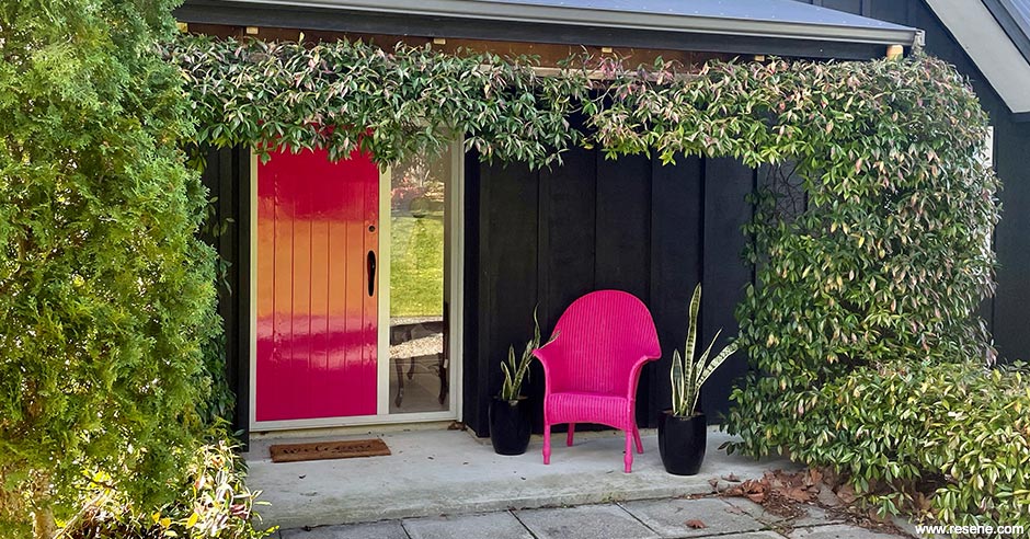 A glossy pink home entryway