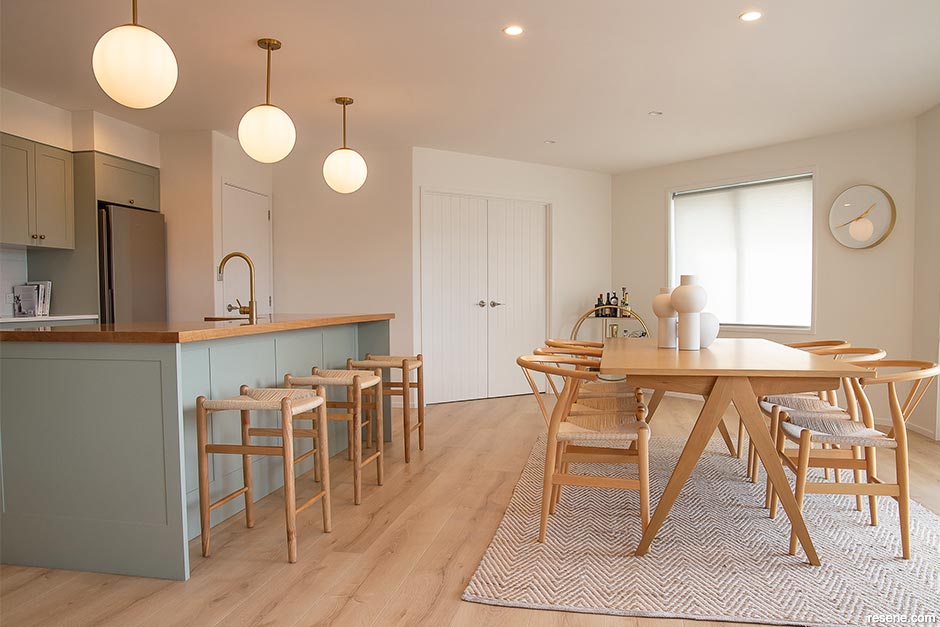 A Scandi-modern farmhouse inspired kitchen in Resene Half Washed Green