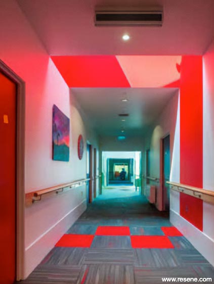 Red and white hallway 