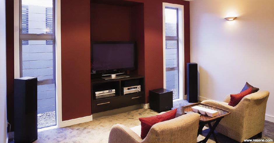 A white and burgundy red home theatre