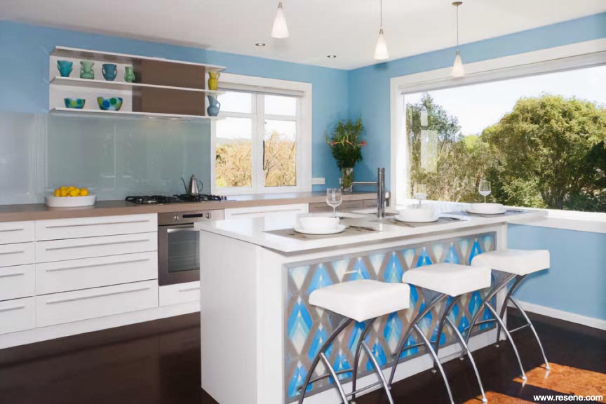 Turquoise blue and white kitchen