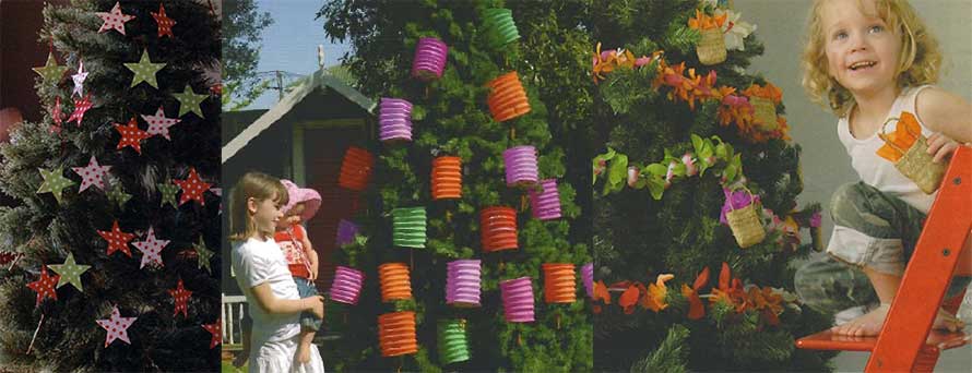 Chinese lanterns and leis decorate Christmas trees