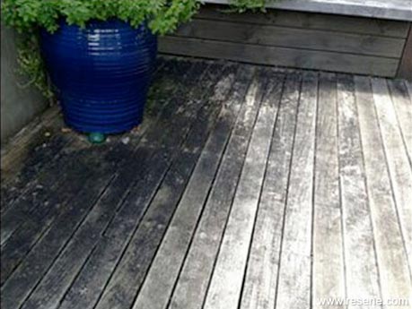 A timber deck before cleaning with Resene Timber and Deck Wash prior to restaining 