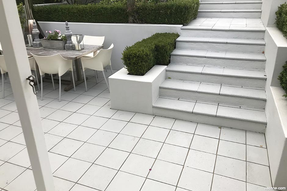 Patio makeover with Resene Walk-on tinted to Resene Delta