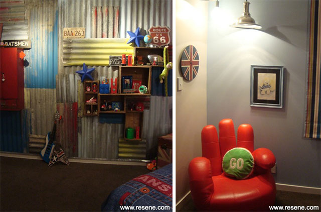 Red iron toolbox themed kids bedroom