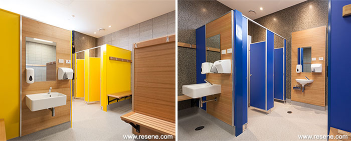 Paul Keane Gymnasium, yellow and blue bathrooms