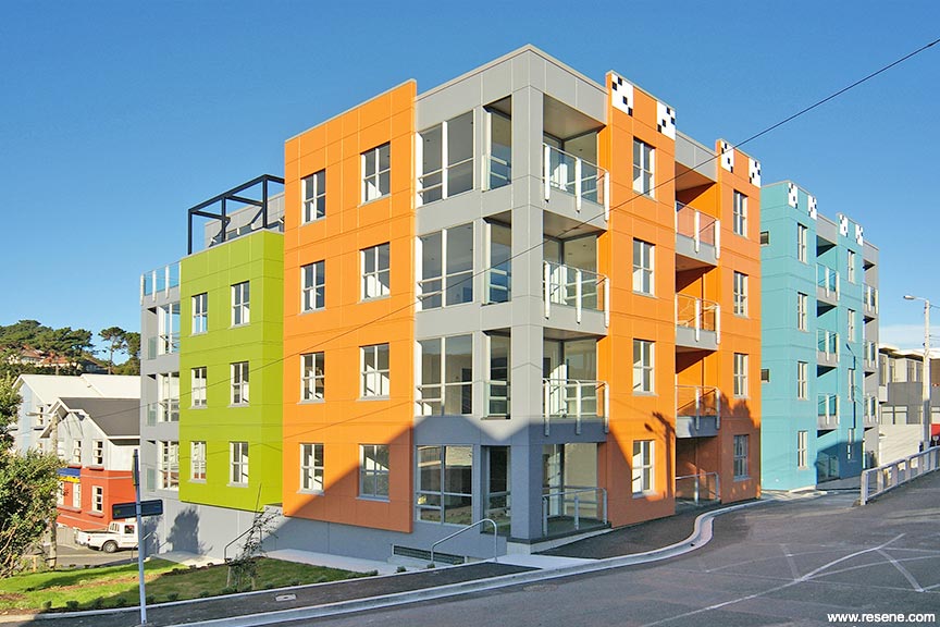 Colourful apartment block exterior