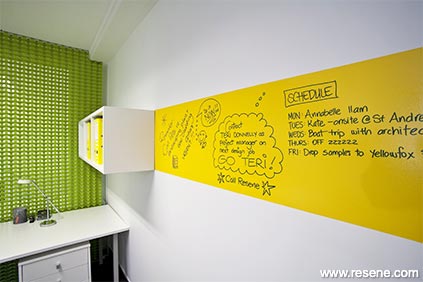 Green, yellow, and white office design