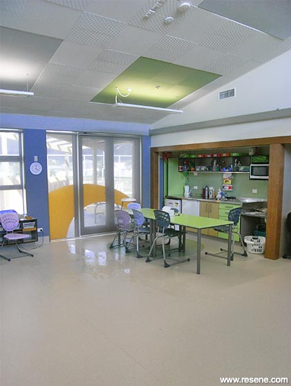 Green and white school interior