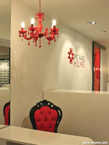 White and red store interior