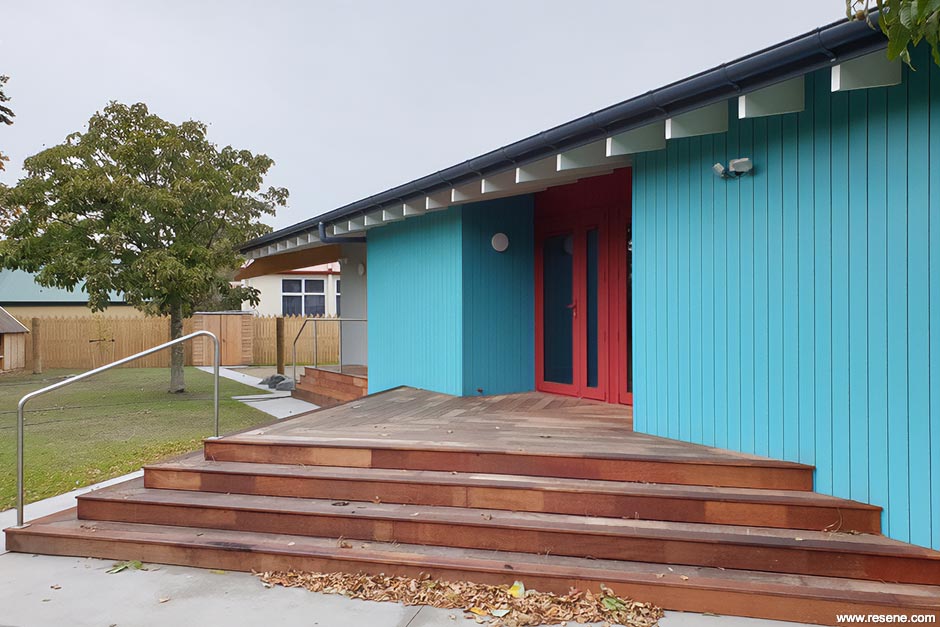Blue and red school exterior