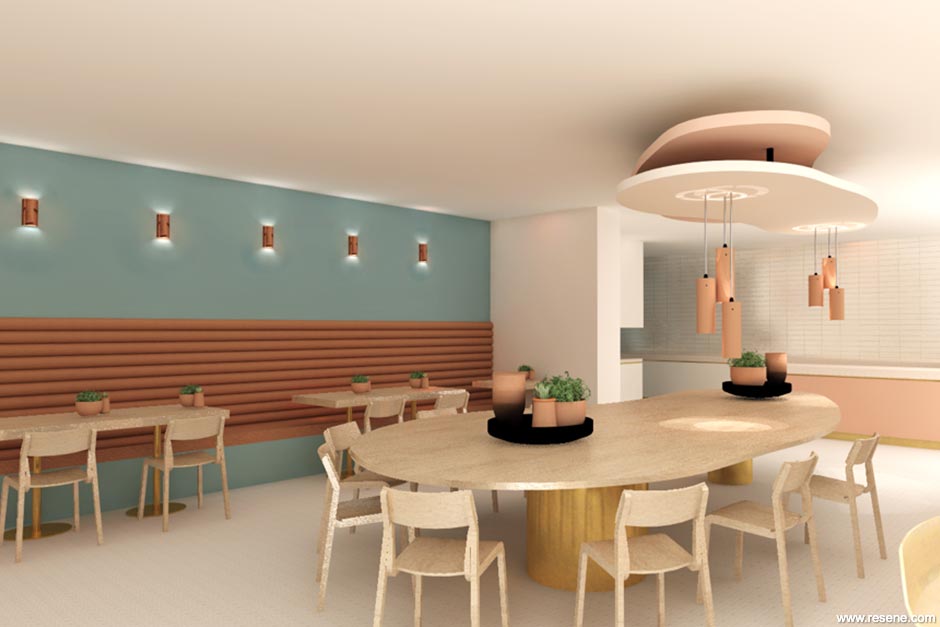 White, pink, and blue cafe interior