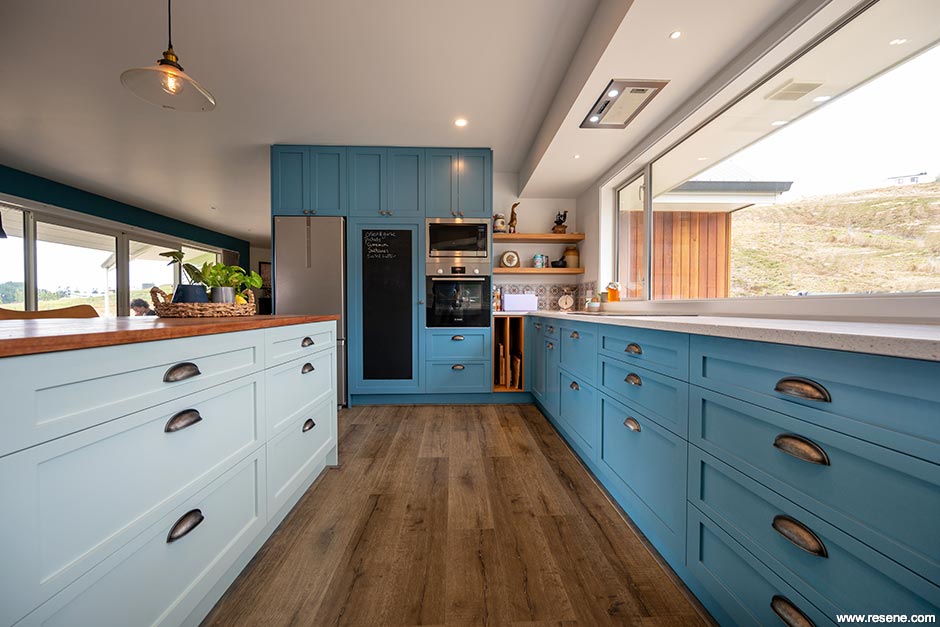 A blue and white kitchen