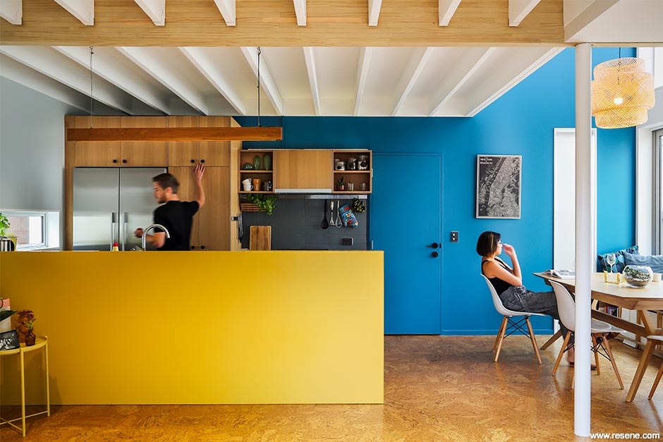 Blue, yellow, and black kitchen