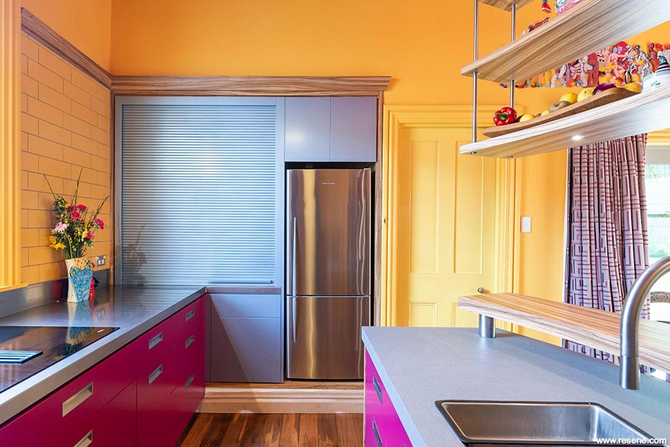 Bright yellow and red kitchen