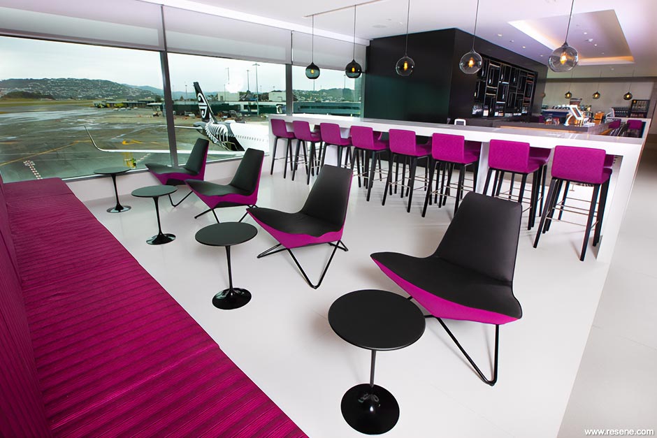 White and purple airport lounge