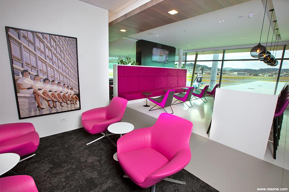 Pink and white seating area