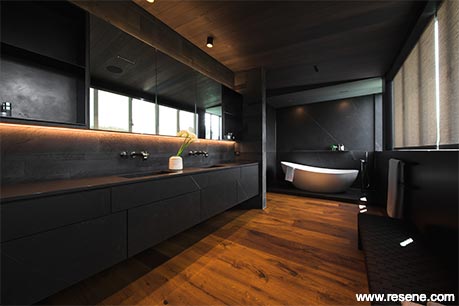 A crisp black bathroom