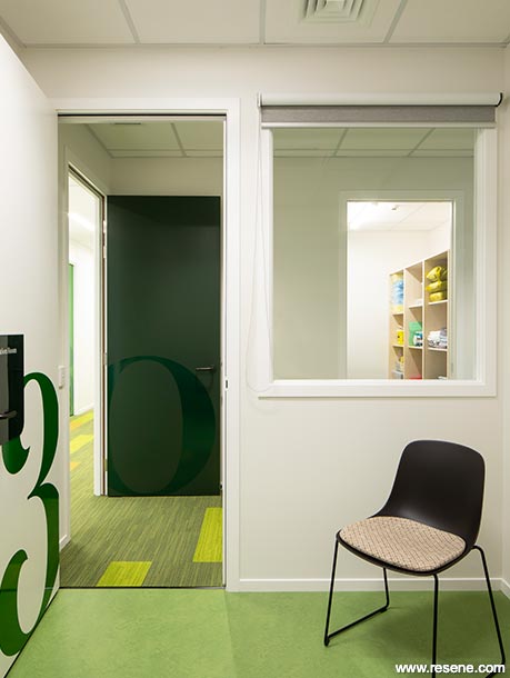 Green and white waiting room