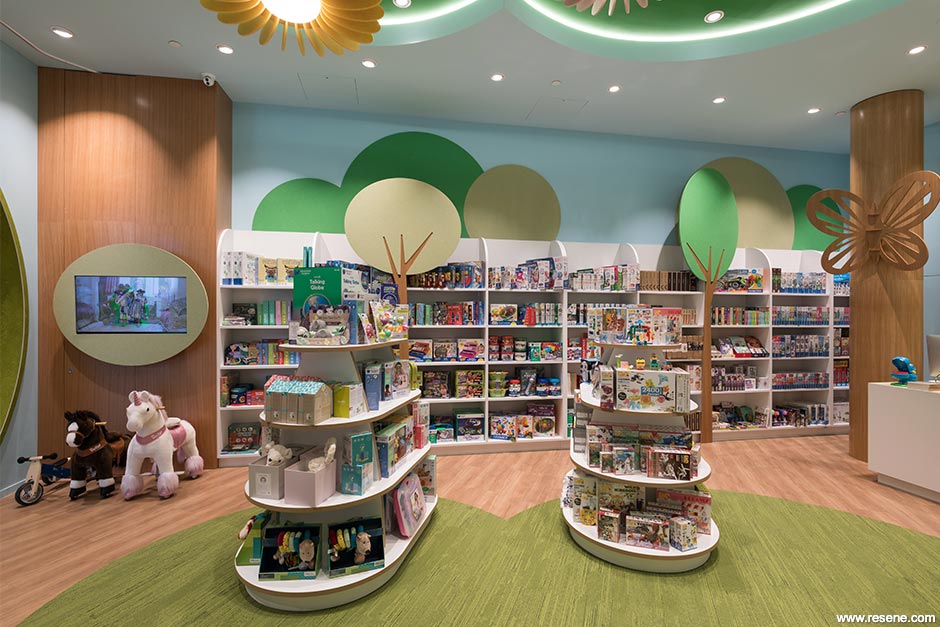 Blue and green store interior