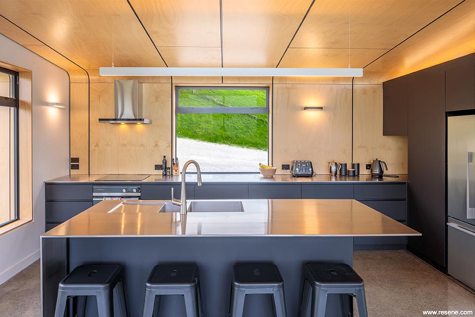 Black and plywood kitchen