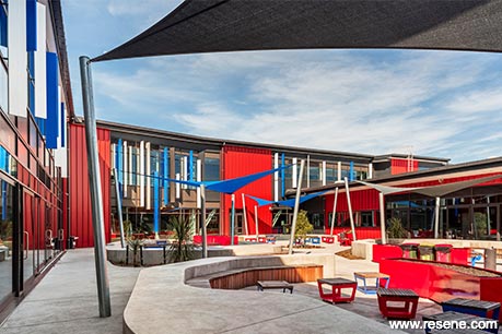 Red and blue school exterior