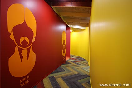 Red and yellow walls in hallway