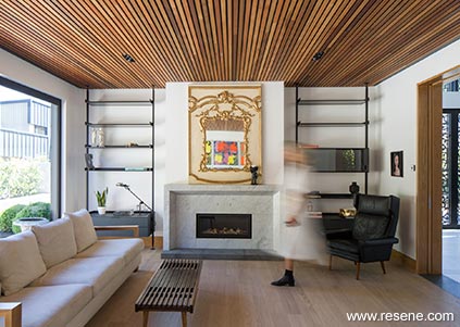 Lounge area with wooden ceiling