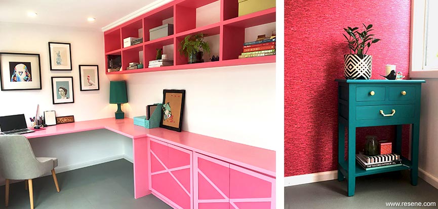 Pink desk and feature wall