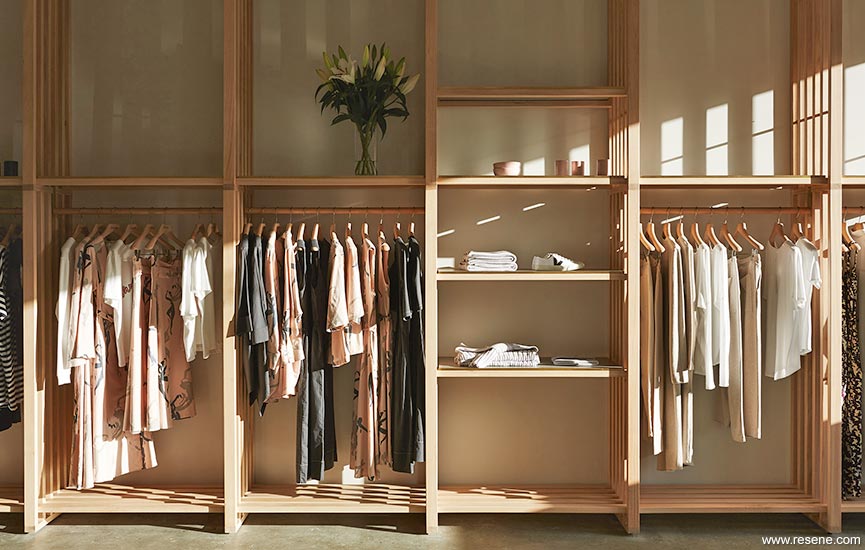 Kowtow store shelving and clothing display