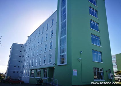 Timaru Hospital exteriorgreen and white