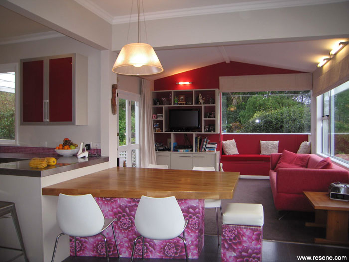 Funky lounge, kitchen, and dining room