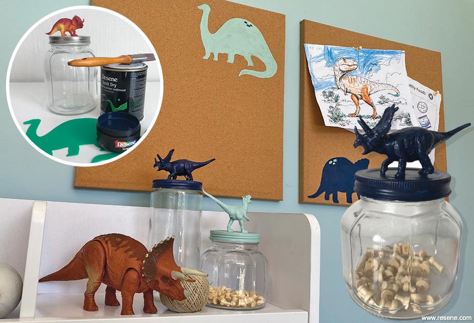 How to make dinosaur storage jars and a stenciled pinboard 