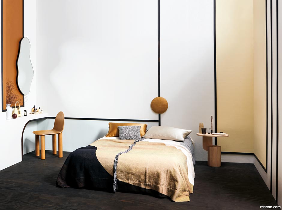 A soothing bedroom in honey hues and other shades with colour blocked zones