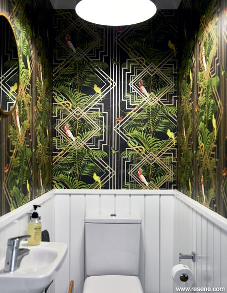  A bathroom using Resene Tropic Exotic wallpaper 90362