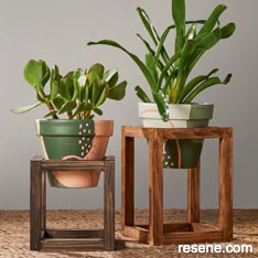 Wood plant stand, painted pots