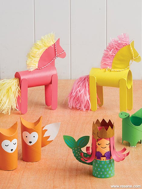 Paper roll pals, horses, foxes and mermaids.