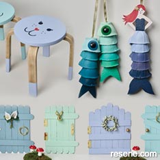 Make holiday crafts -mermaids, painted stool and fairy doors