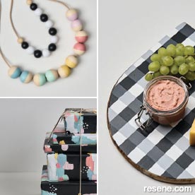 Make homemade gifts for mothers day - cheeseboard, love beads and gift wrap